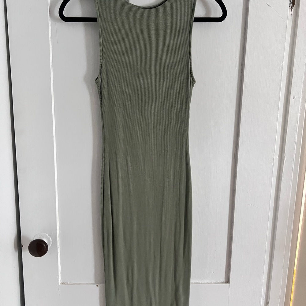 Ribbed Bodycon Midi Dress in Olive